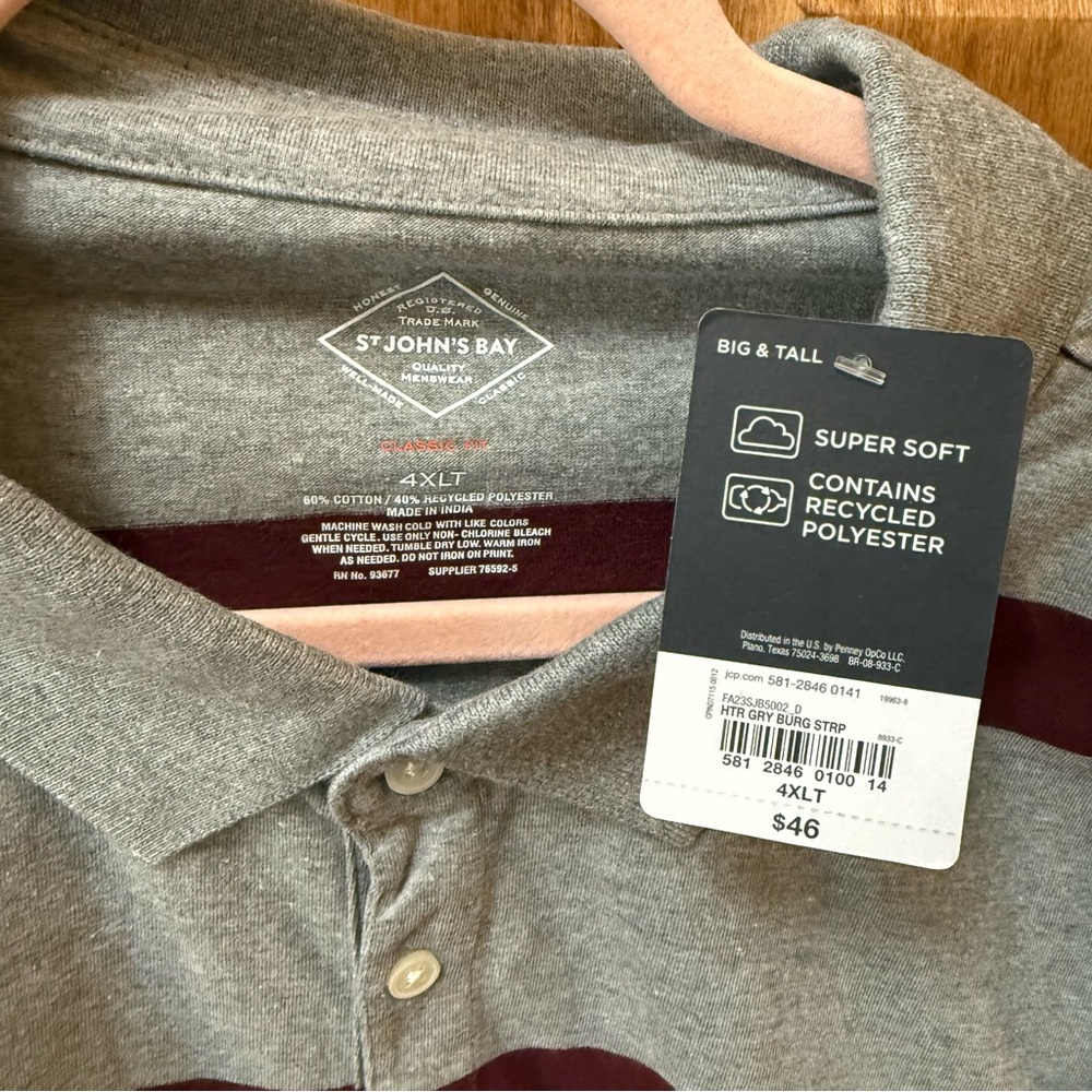 NWT St. John's Bay Gray and Red Striped Polo Shirt 4XLT - Picture 2 of 3